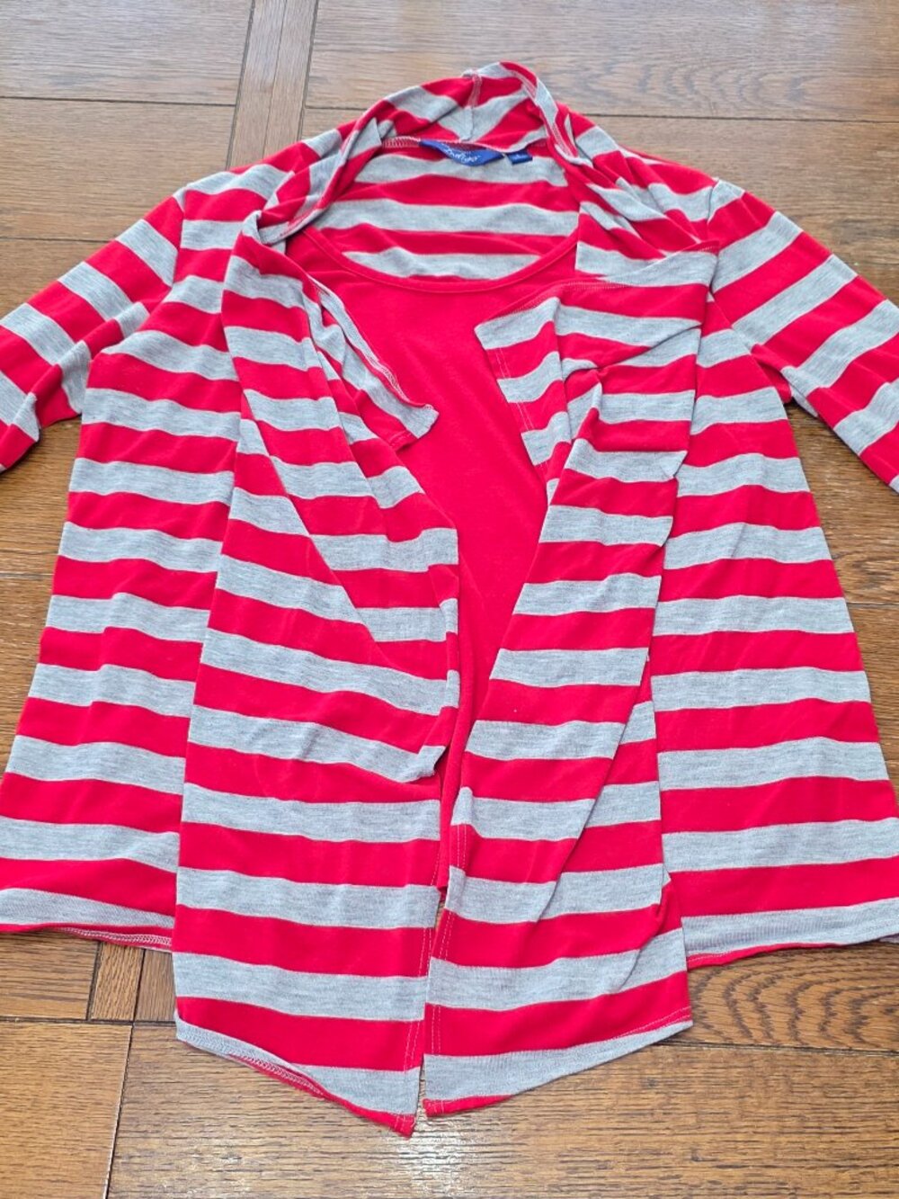 Red & Gray Striped Open Cardigan with Attached Solid Tank
